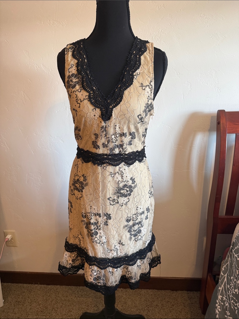 Francesca's Collections Cream and Black Lace V-Neck Midi Dress